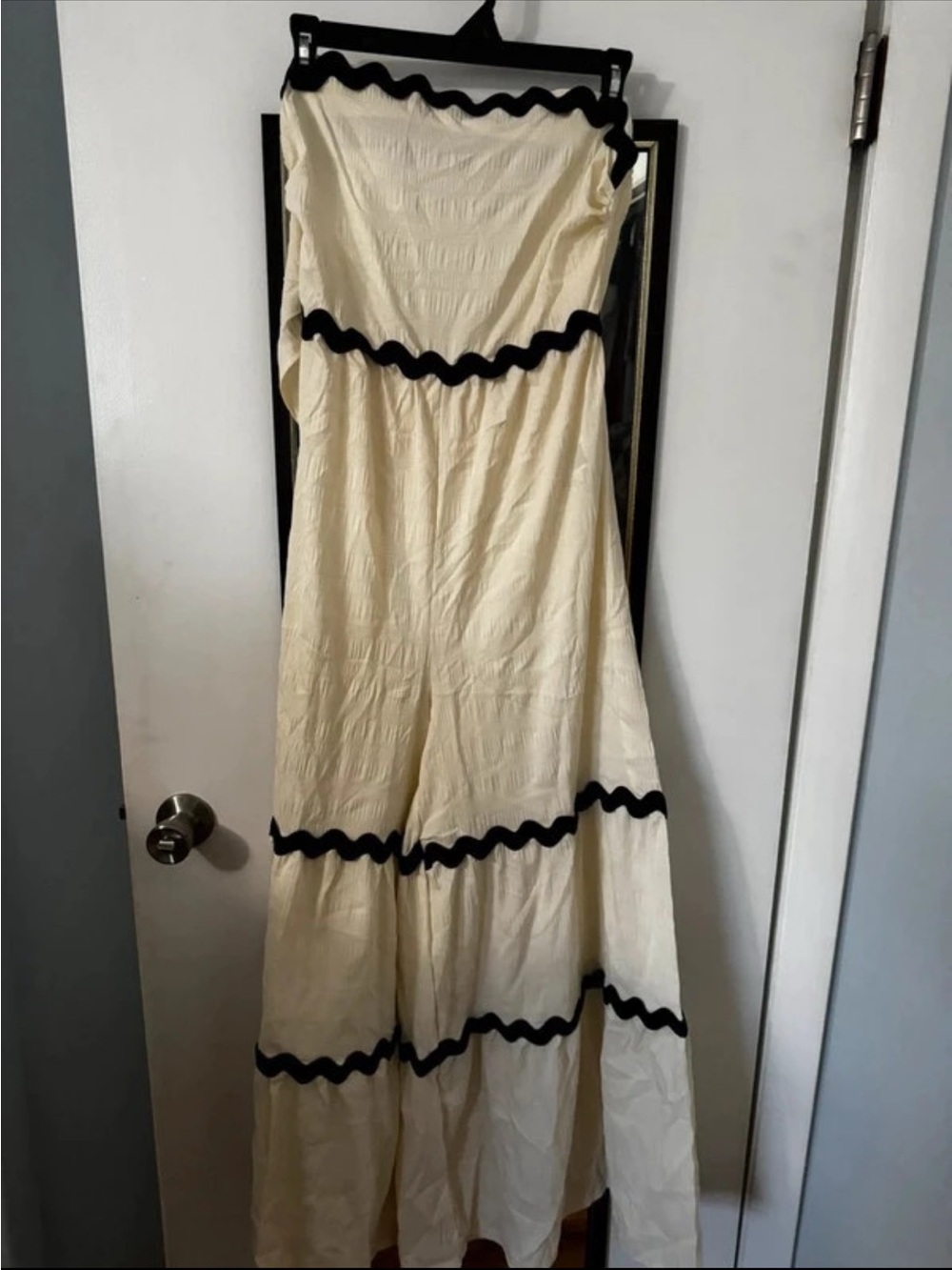 Cream Strapless Maxi Dress with Black Trim